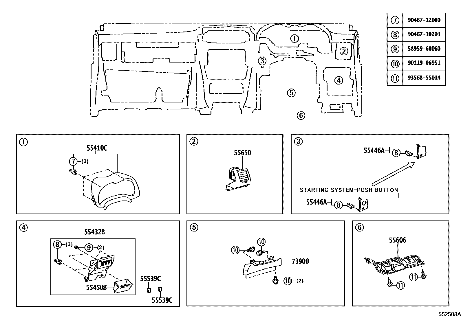 Toyota COROLLA 仪表板和手套箱 EPC diagram — 552508A