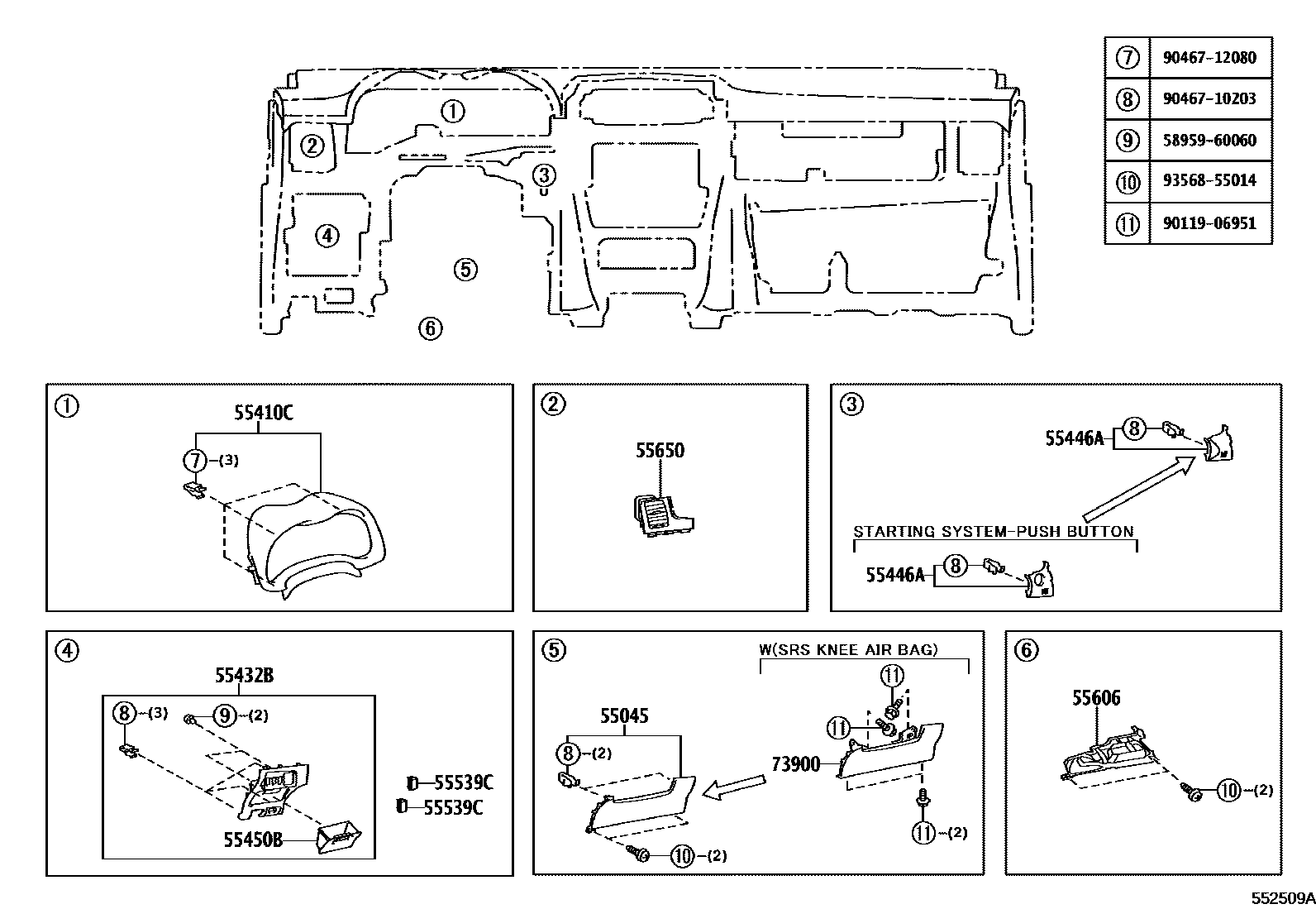 Toyota COROLLA 仪表板和手套箱 EPC diagram — 552509A