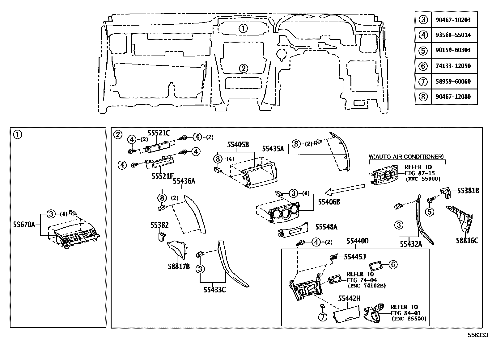 Toyota COROLLA 仪表板和手套箱 EPC diagram — 556333