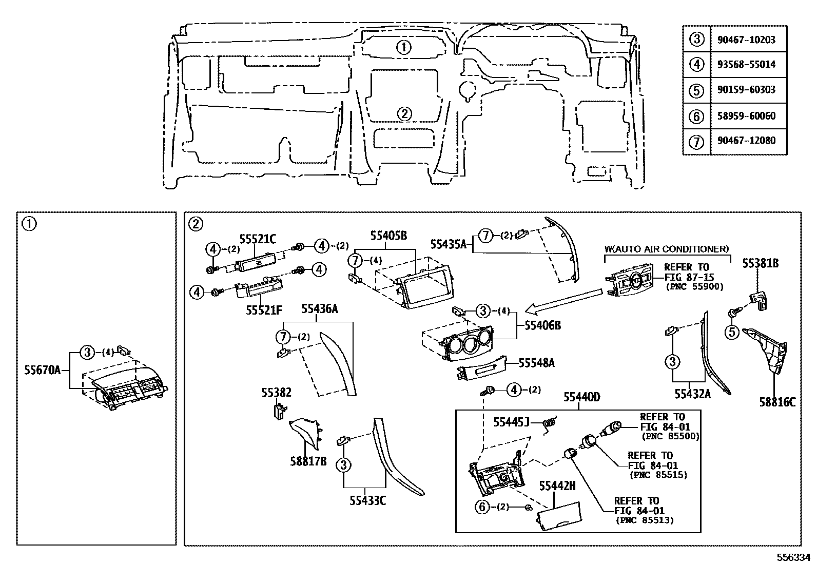 Toyota COROLLA 仪表板和手套箱 EPC diagram — 556334