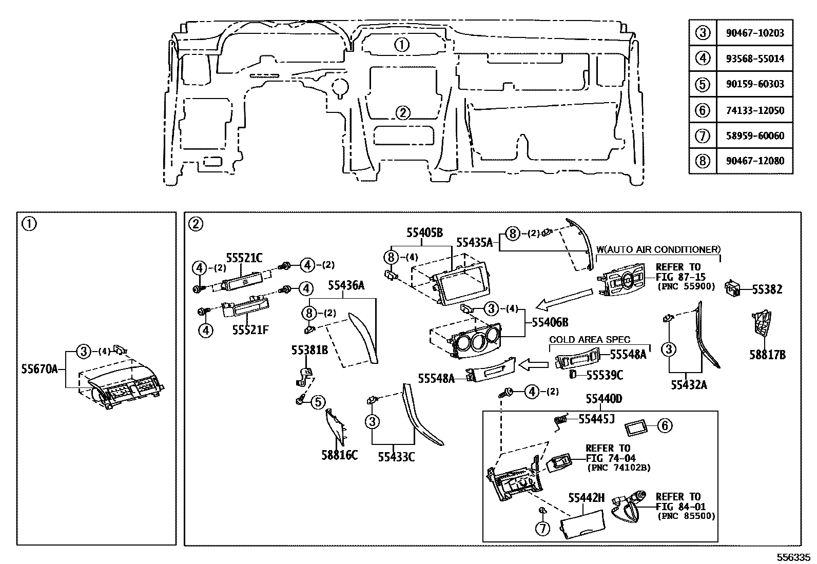 Toyota COROLLA 仪表板和手套箱 EPC diagram — 556335
