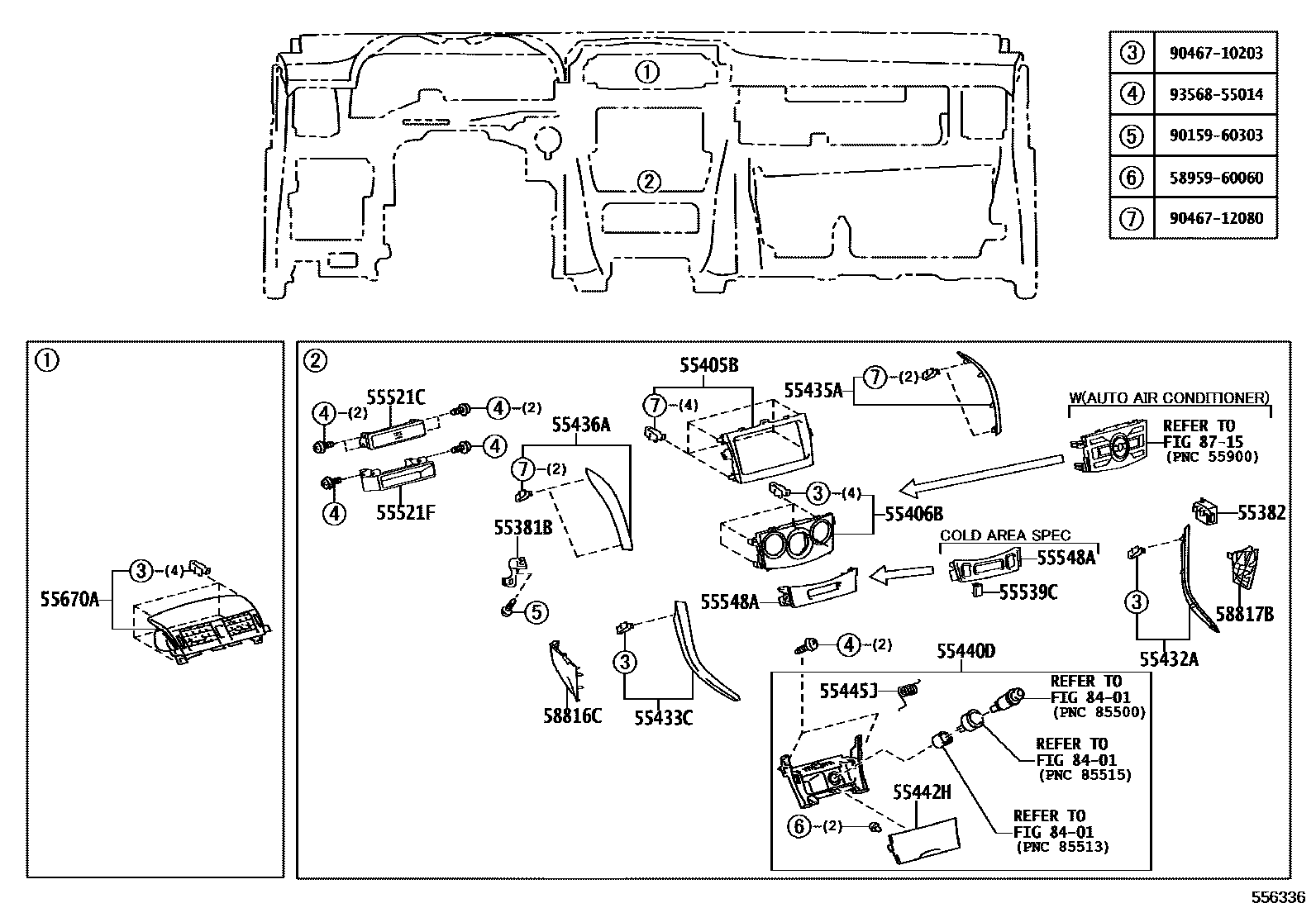 Toyota COROLLA 仪表板和手套箱 EPC diagram — 556336