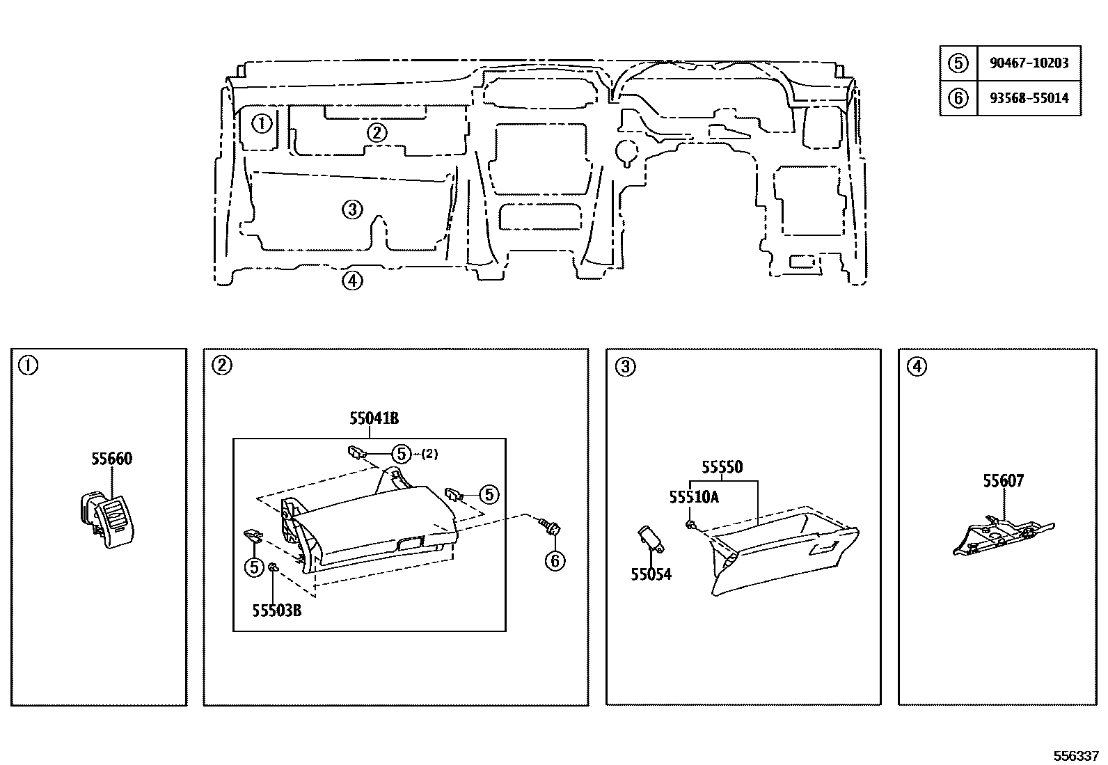 Toyota COROLLA 仪表板和手套箱 EPC diagram — 556337