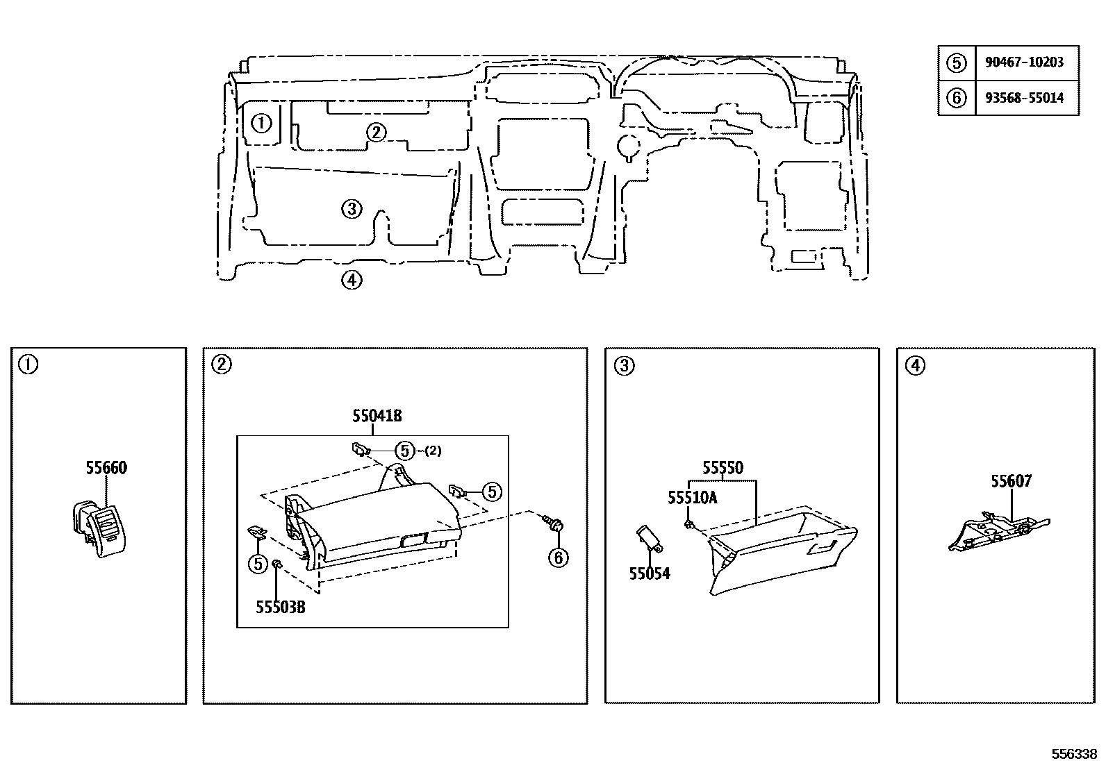 Toyota COROLLA 仪表板和手套箱 EPC diagram — 556338