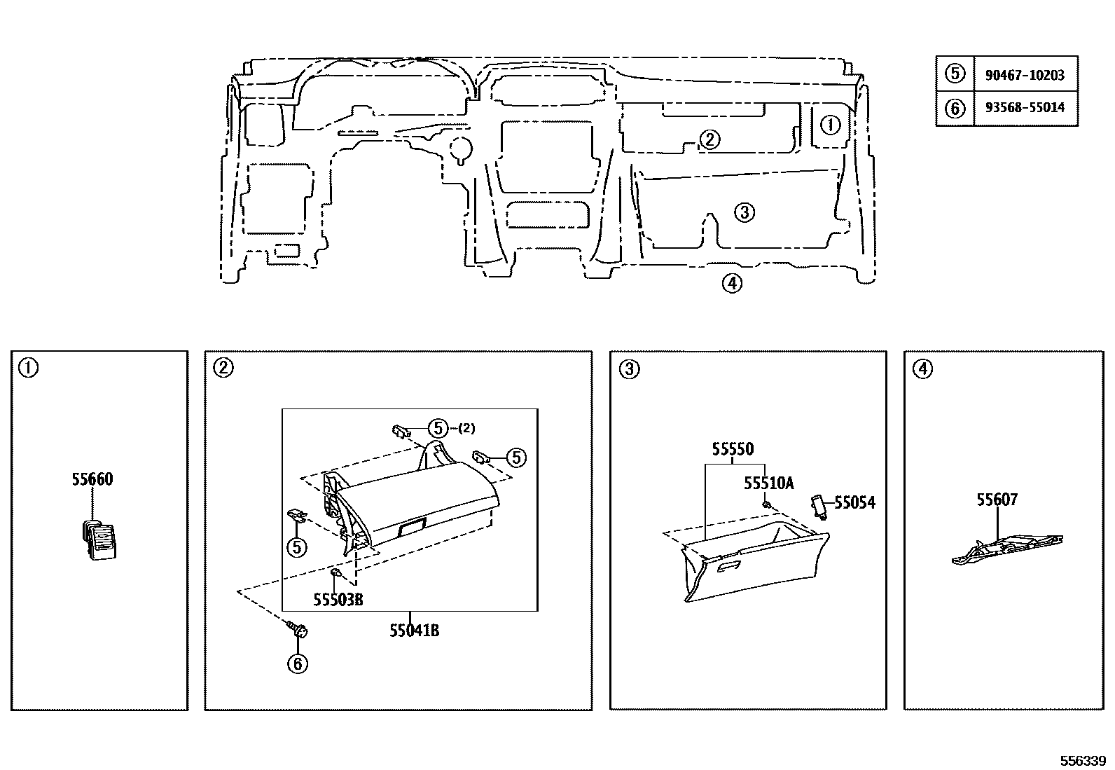 Toyota COROLLA 仪表板和手套箱 EPC diagram — 556339