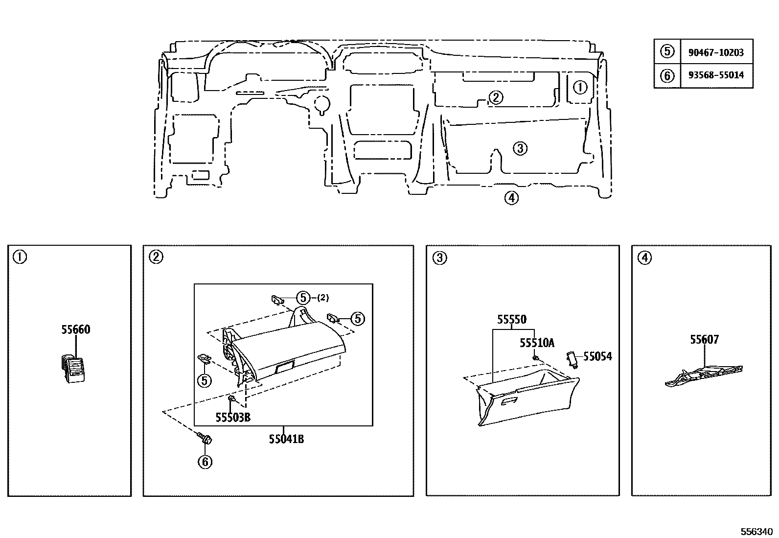 Toyota COROLLA 仪表板和手套箱 EPC diagram — 556340
