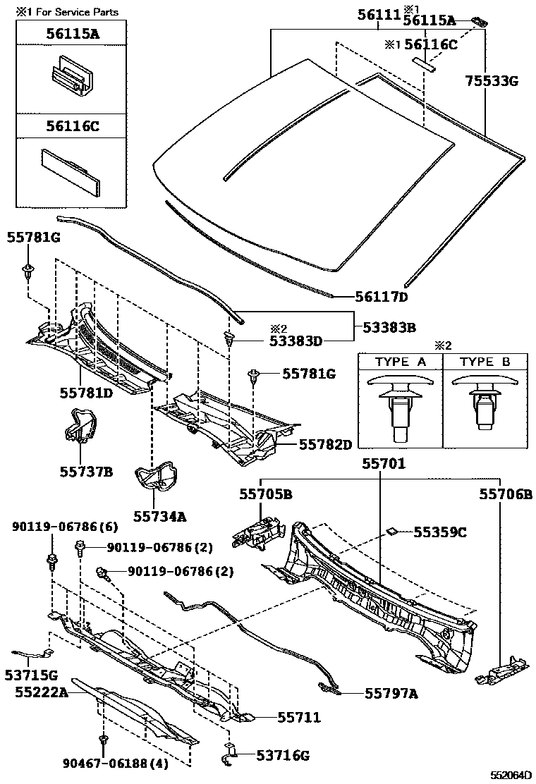Toyota COROLLA 前围板和挡风玻璃 EPC diagram — 552064D
