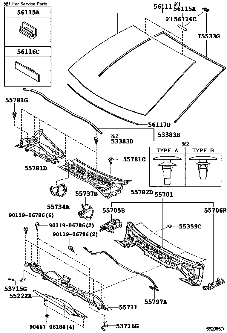 Toyota COROLLA 前围板和挡风玻璃 EPC diagram — 552065D