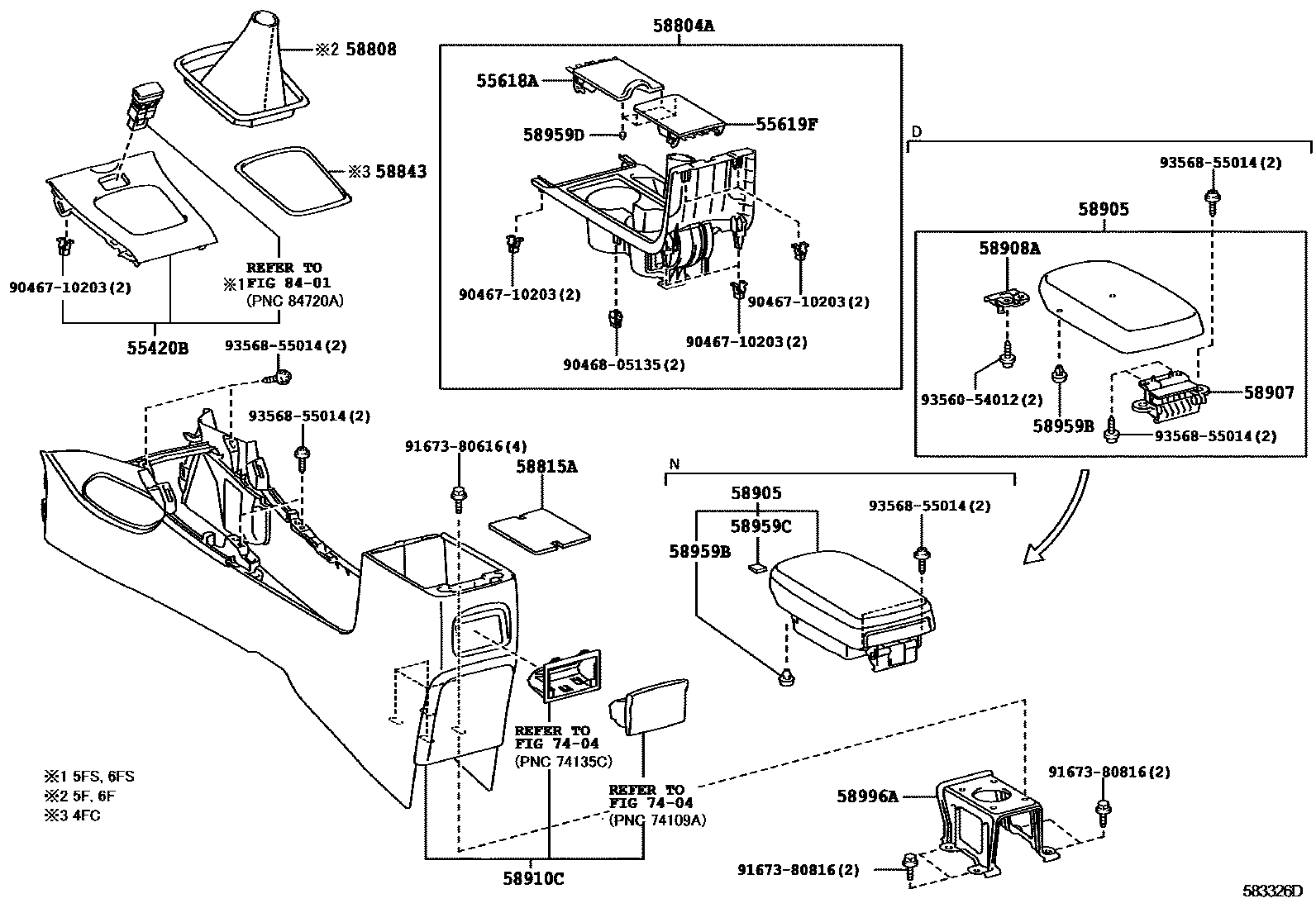 Toyota COROLLA 中央扶手箱和支架 EPC diagram — 583326D