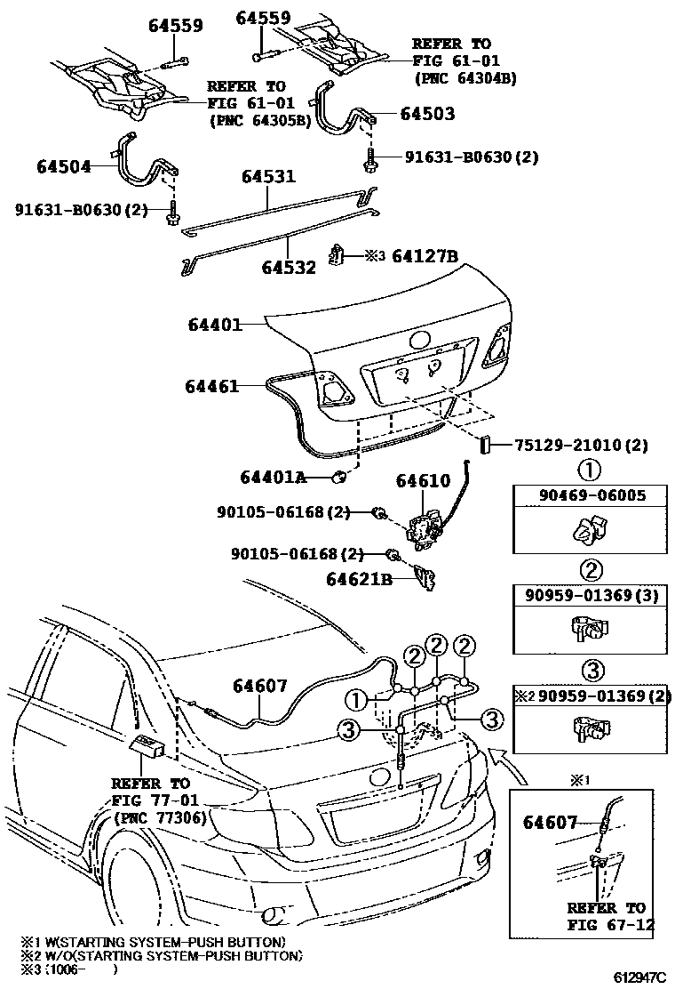 Toyota COROLLA 行李箱门和行李箱锁 EPC diagram — 612947C