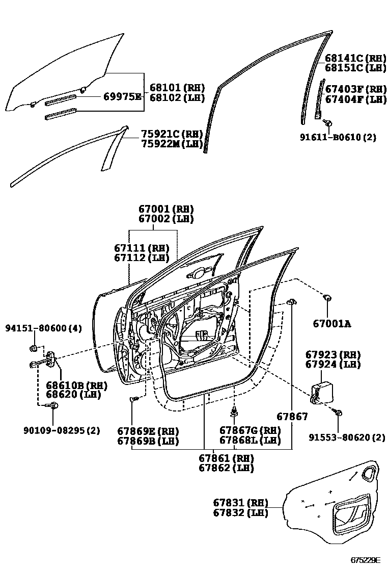 Toyota COROLLA 前门板和前门玻璃 EPC diagram — 675229E