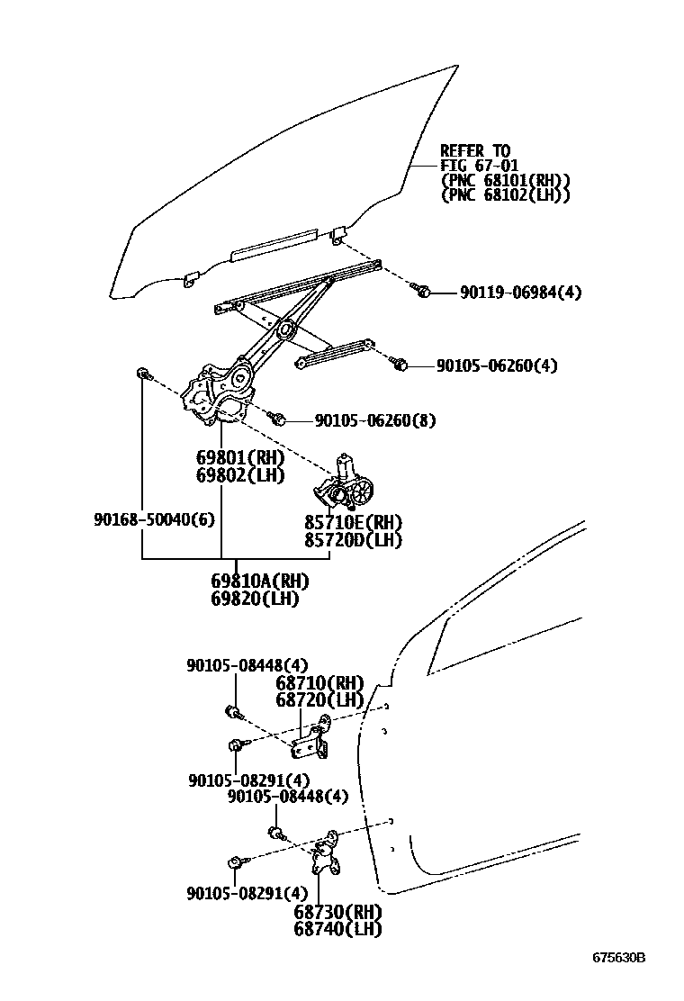 Toyota COROLLA 前门车窗升降器和合页 EPC diagram — 675630B