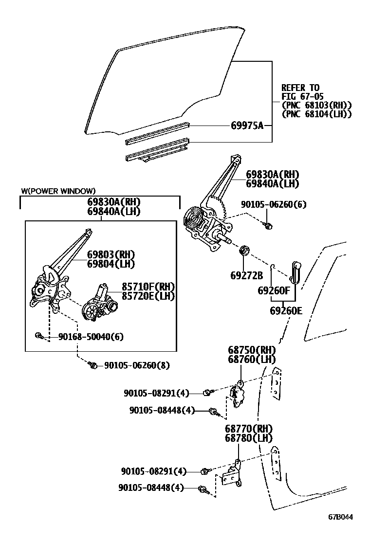 Toyota COROLLA 后门车窗升降器和合页 EPC diagram — 67B044