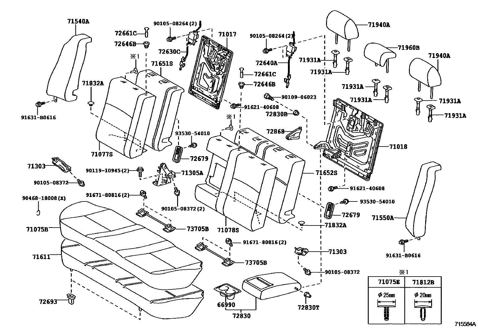 Toyota COROLLA 后排座椅和座椅滑轨 EPC diagram — 715584A