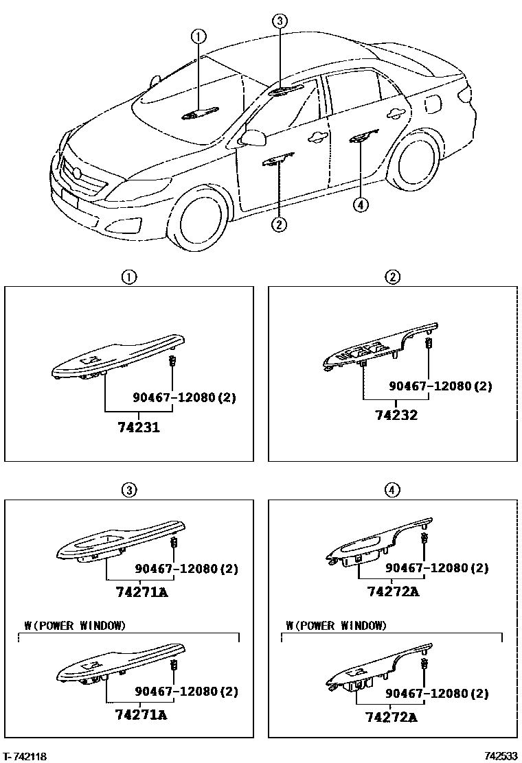 Toyota COROLLA 扶手和遮阳板 EPC diagram — 742533