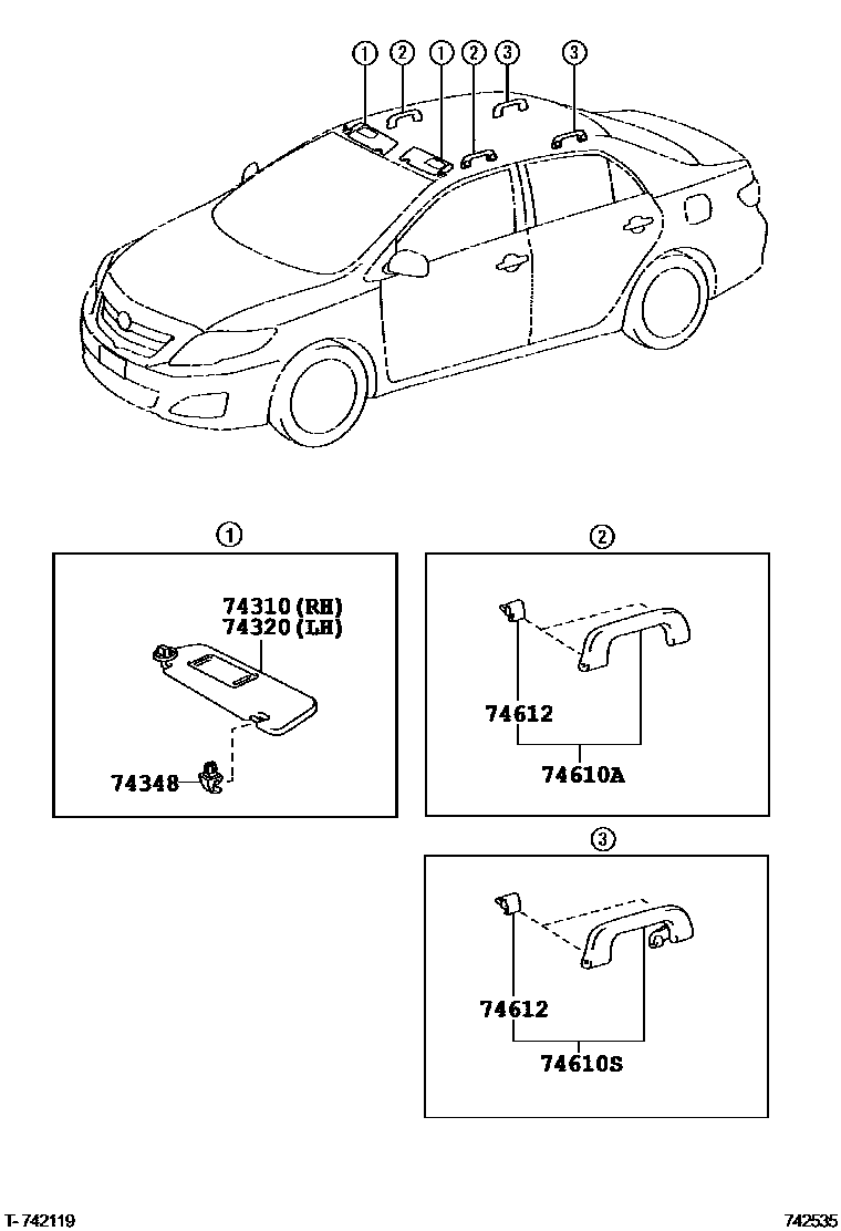 Toyota COROLLA 扶手和遮阳板 EPC diagram — 742535