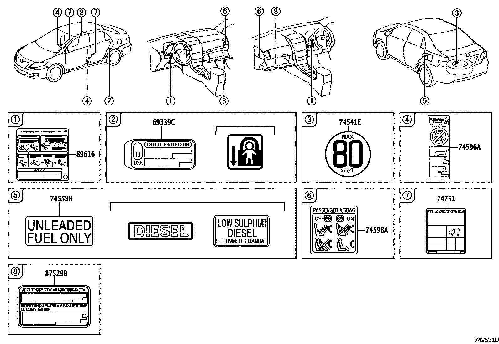 Toyota COROLLA 警示铭牌(车外和车内) EPC diagram — 742531D
