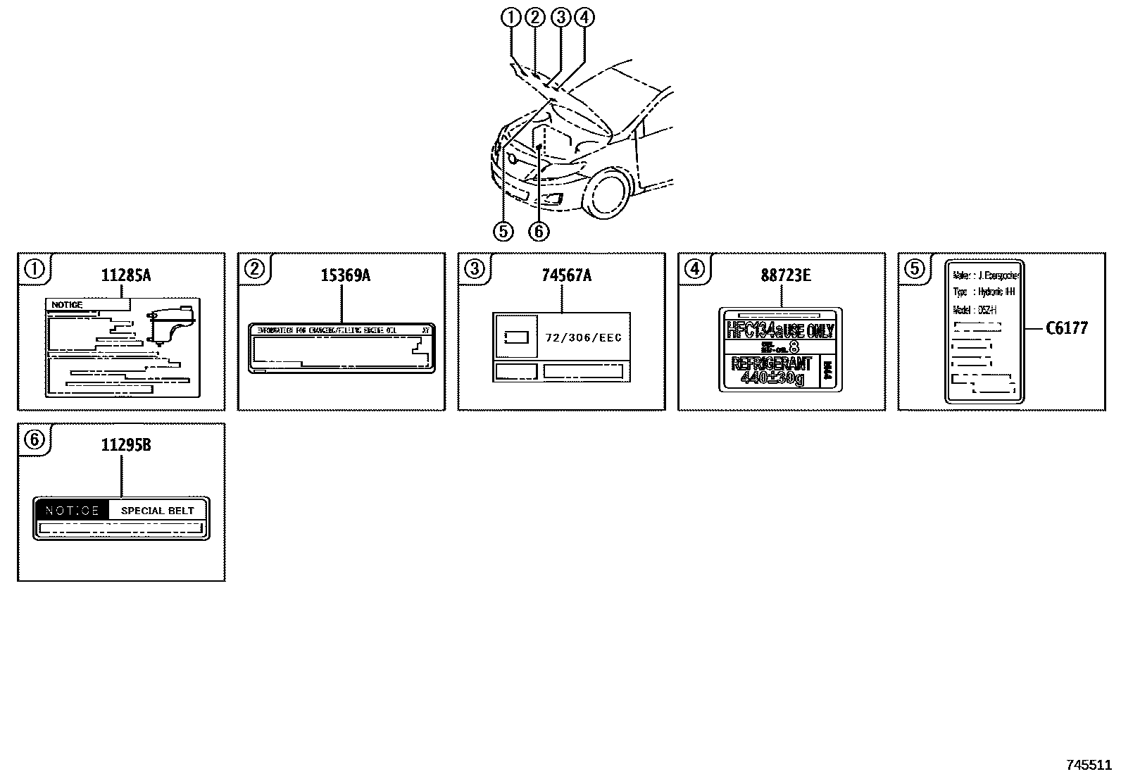 Toyota COROLLA 警示铭牌(车外和车内) EPC diagram — 745511