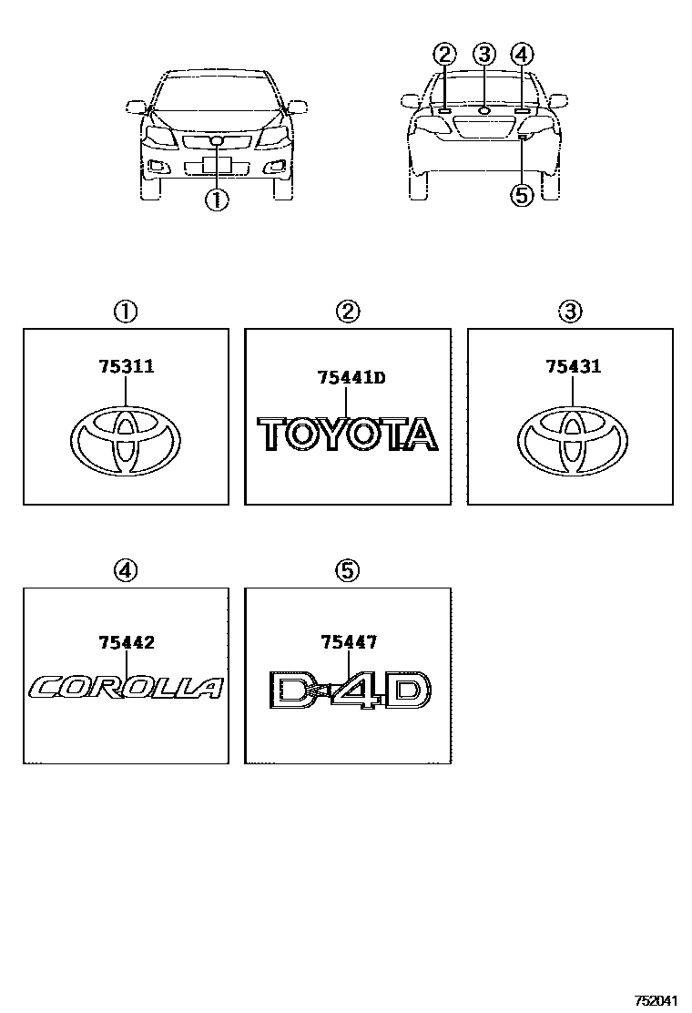 Toyota COROLLA 丰田徽标和铭牌(车外和车内) EPC diagram — 752041