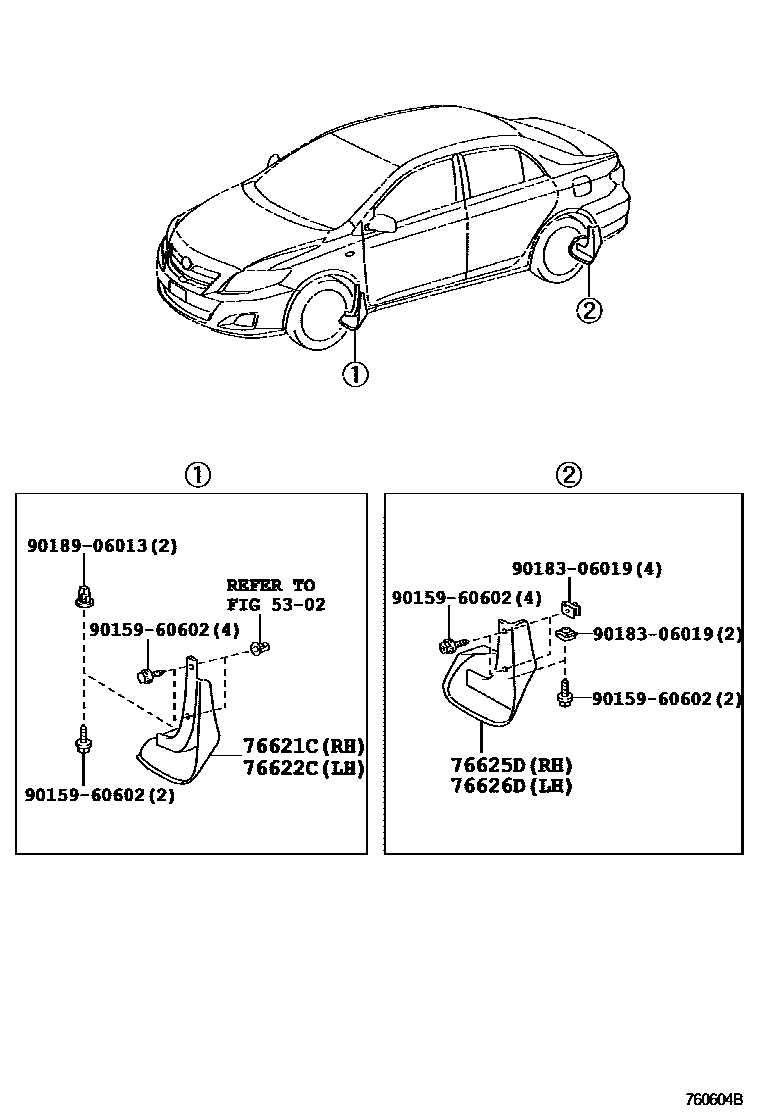 Toyota COROLLA 挡泥板和扰流板 EPC diagram — 760604B