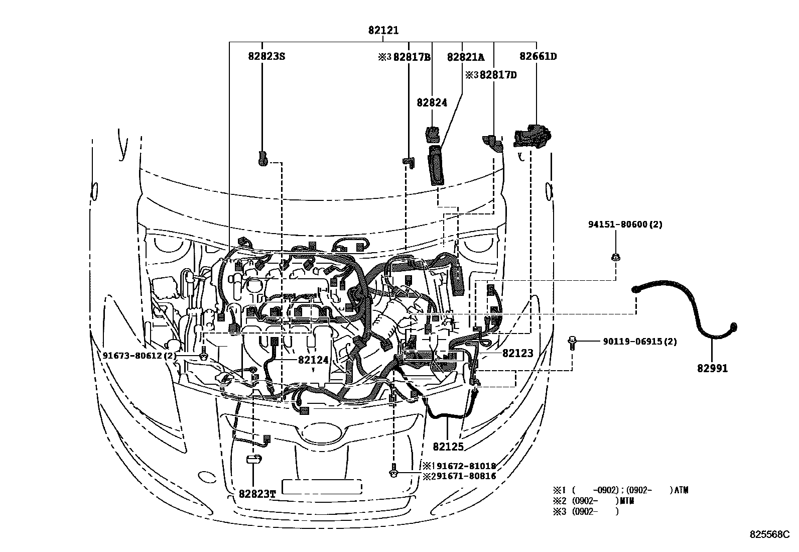 Toyota COROLLA 线束和卡夹 EPC diagram — 825568C