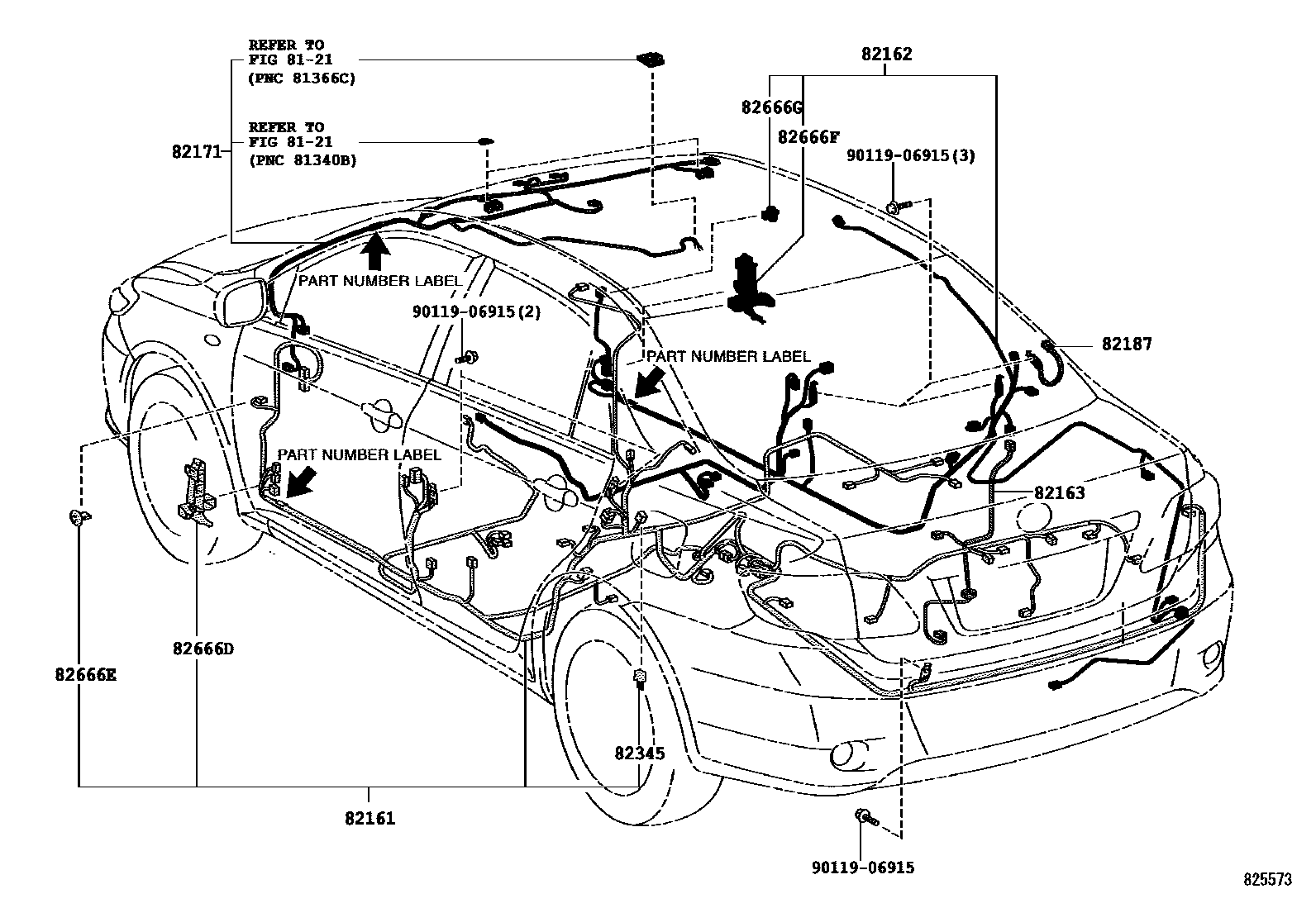 Toyota COROLLA 线束和卡夹 EPC diagram — 825573