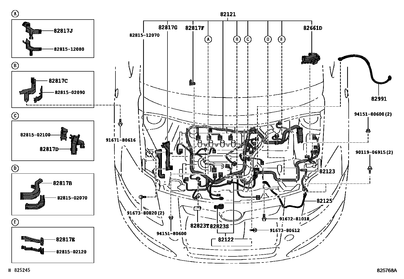 Toyota COROLLA 线束和卡夹 EPC diagram — 825768A