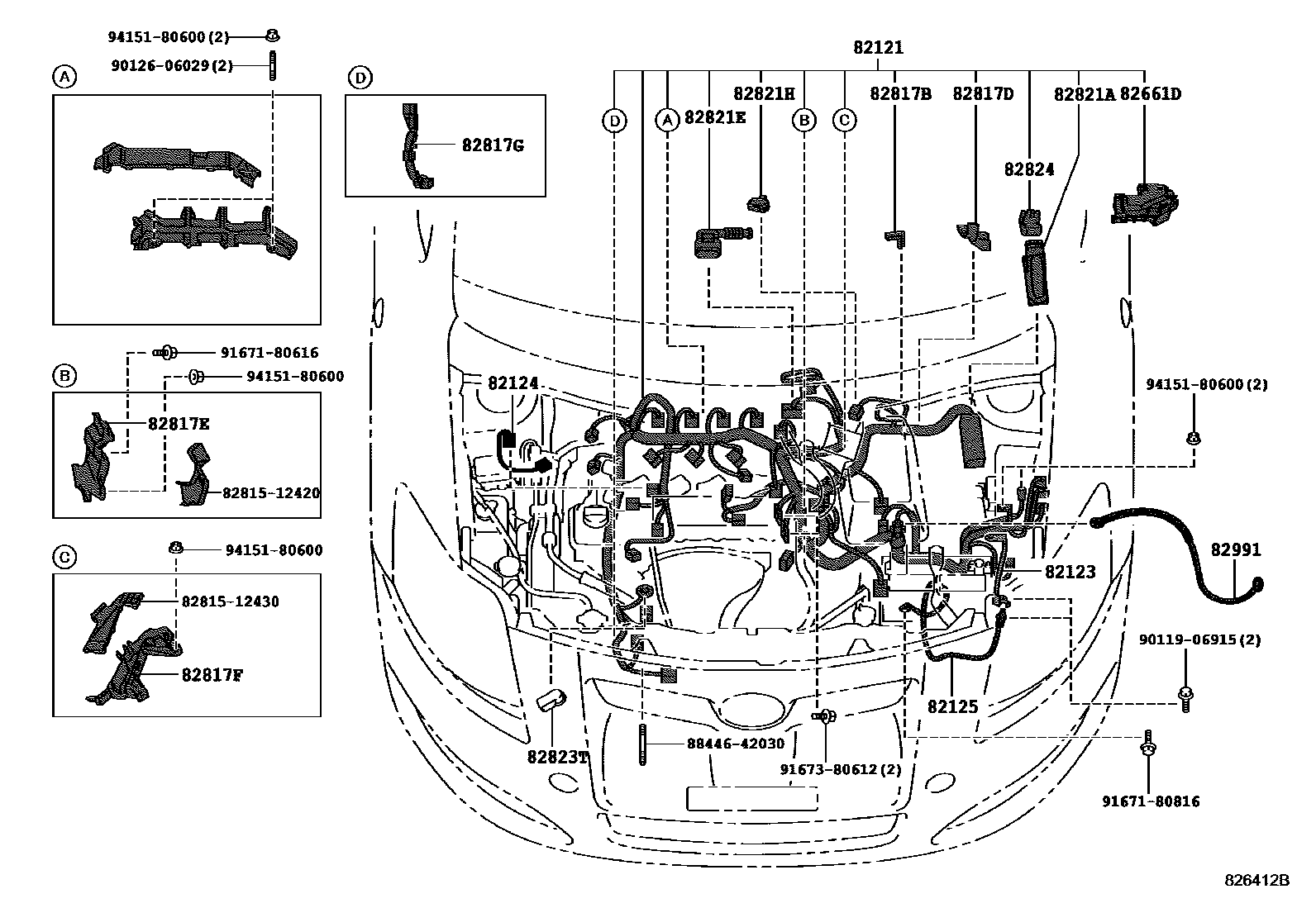 Toyota COROLLA 线束和卡夹 EPC diagram — 826412B
