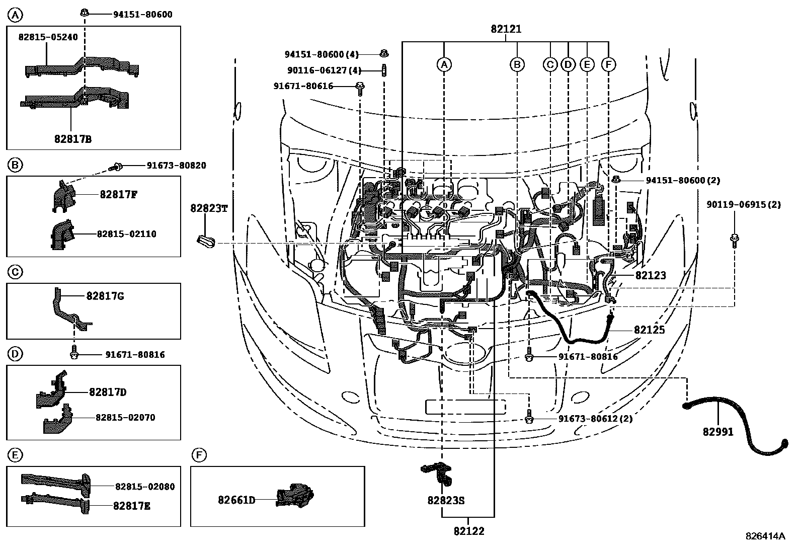 Toyota COROLLA 线束和卡夹 EPC diagram — 826414A