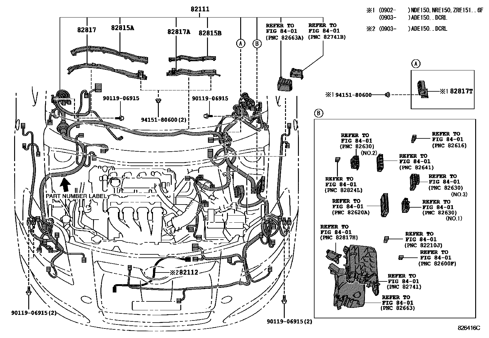 Toyota COROLLA 线束和卡夹 EPC diagram — 826416C