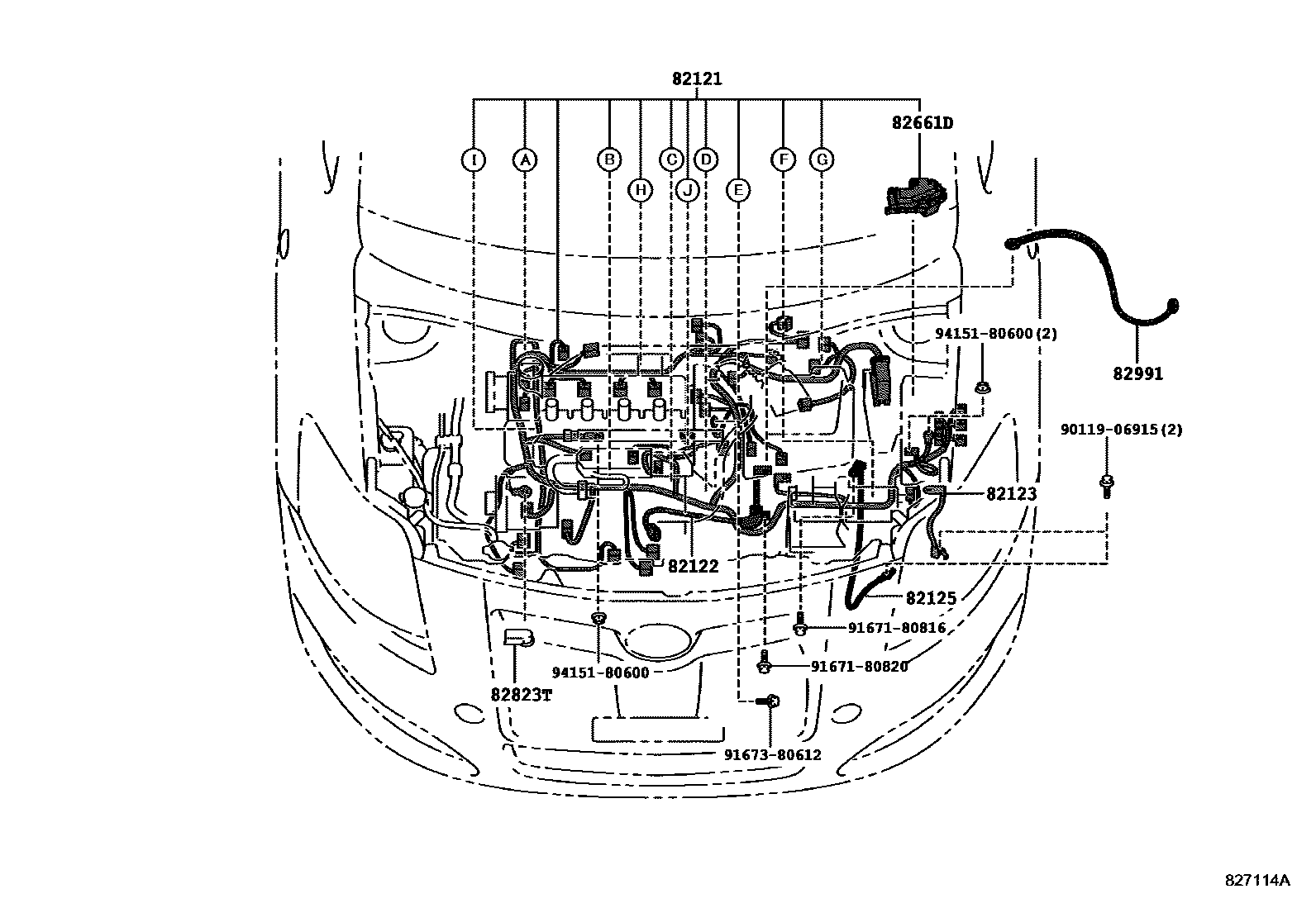 Toyota COROLLA 线束和卡夹 EPC diagram — 827114A