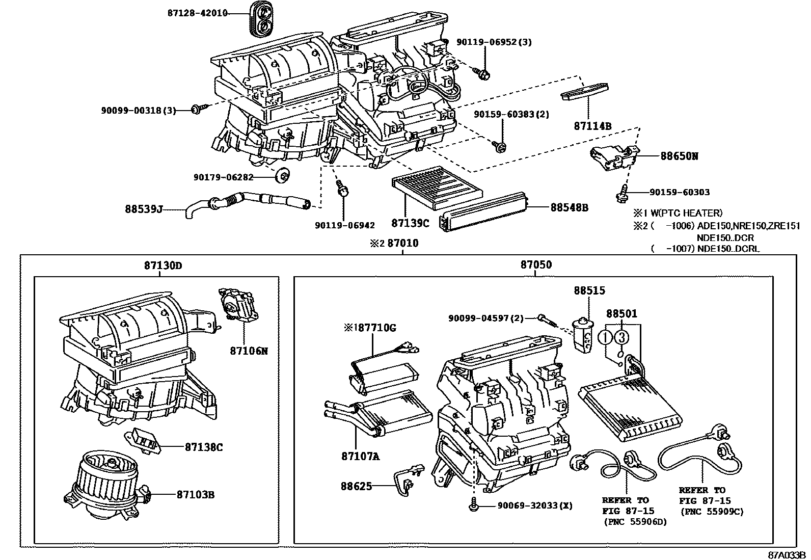 Toyota COROLLA 暖风和空调系统 - 冷却器组件 EPC diagram — 87A033B