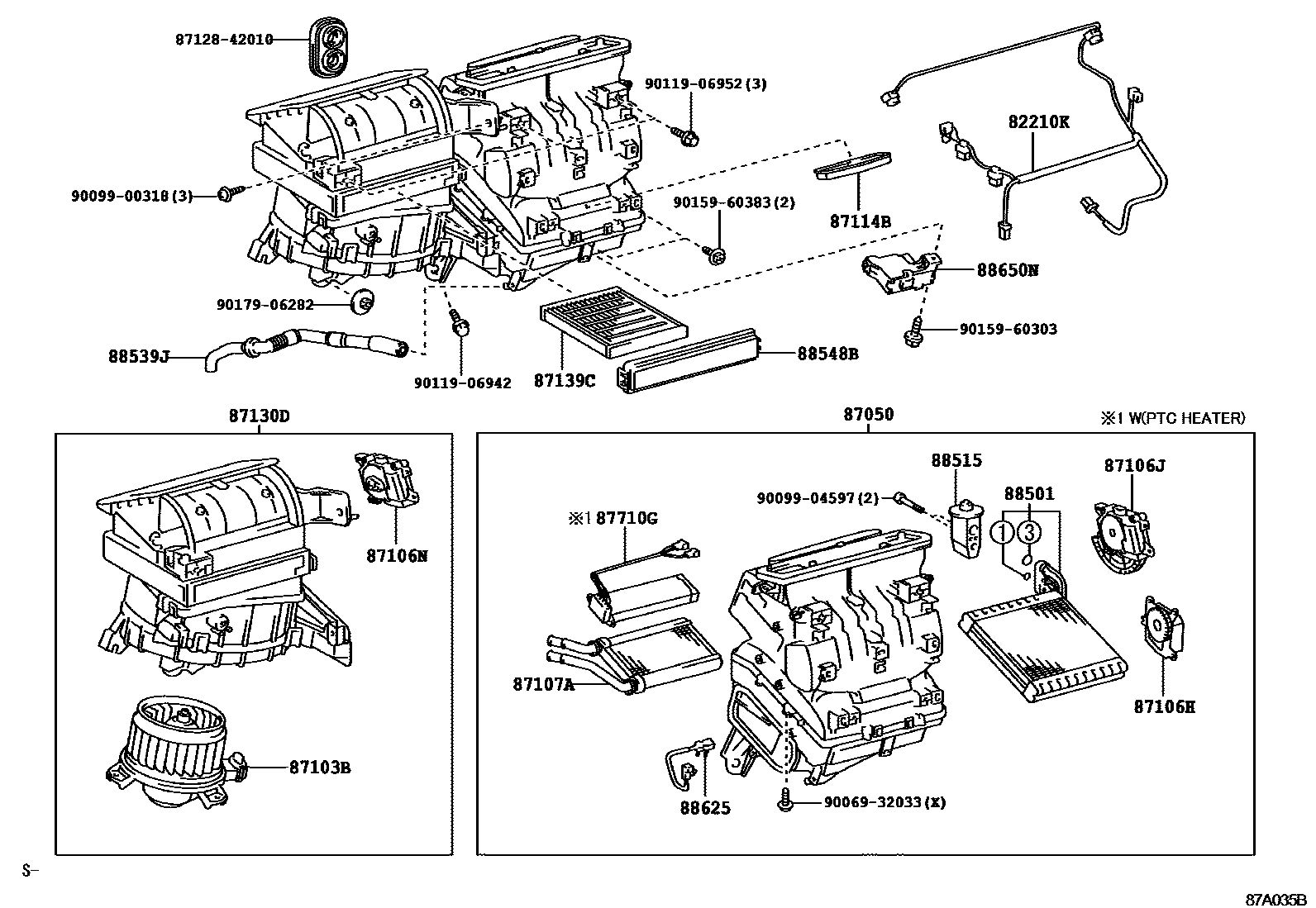 Toyota COROLLA 暖风和空调系统 - 冷却器组件 EPC diagram — 87A035B