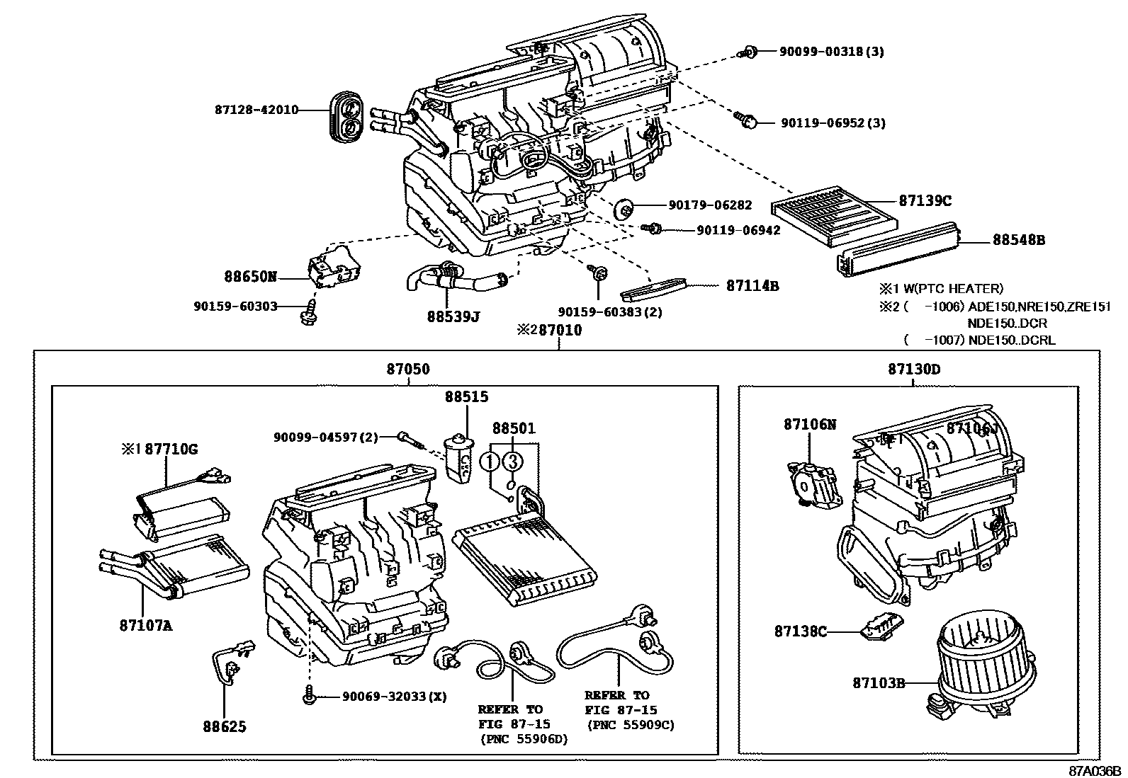 Toyota COROLLA 暖风和空调系统 - 冷却器组件 EPC diagram — 87A036B