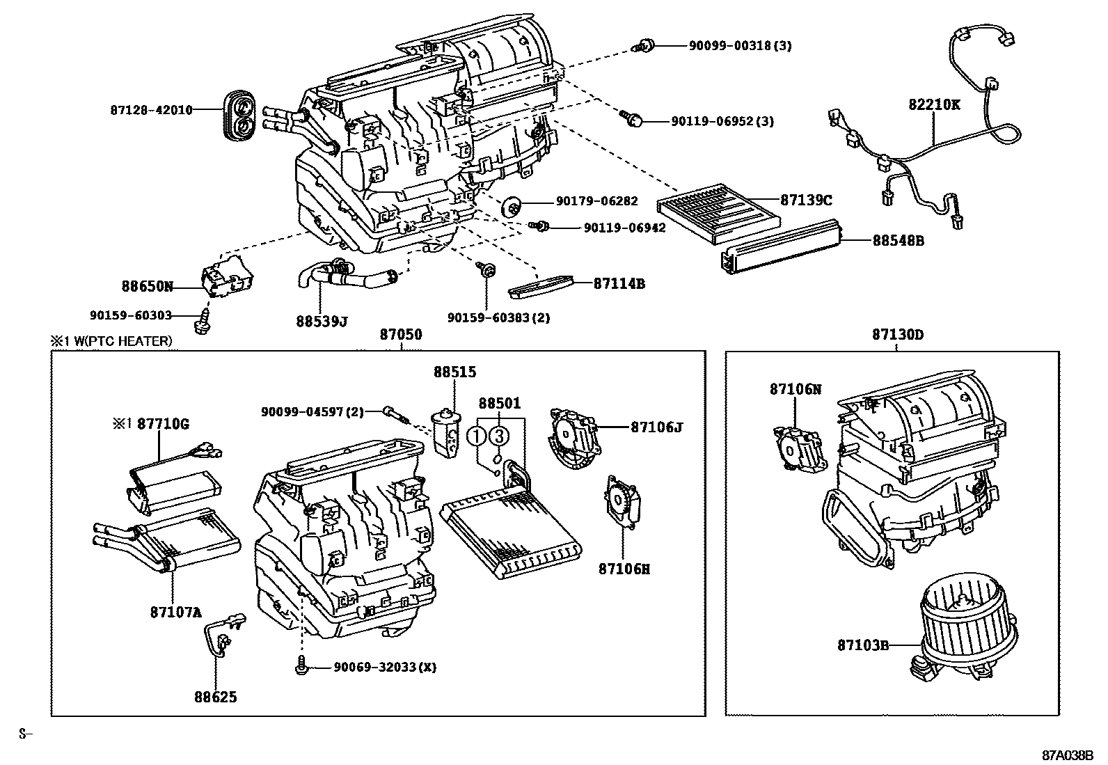 Toyota COROLLA 暖风和空调系统 - 冷却器组件 EPC diagram — 87A038B