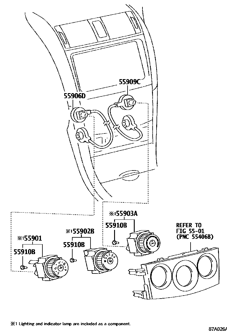 Toyota COROLLA 暖风和空调系统 - 控制器和风管 EPC diagram — 87A026A