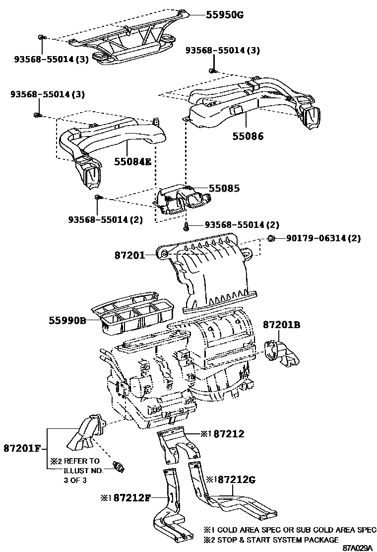Toyota COROLLA 暖风和空调系统 - 控制器和风管 EPC diagram — 87A029A