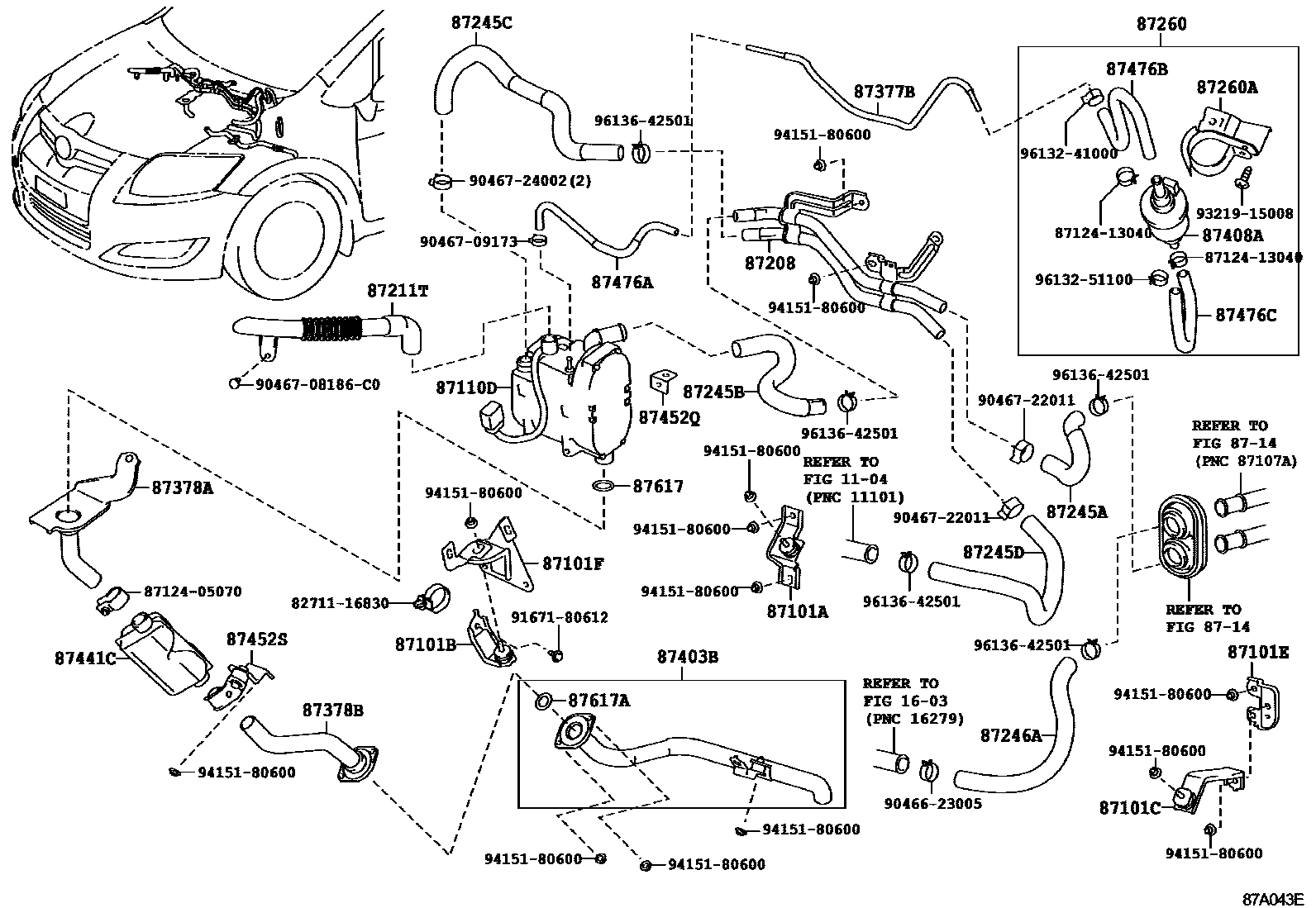Toyota COROLLA 暖风和空调系统 - 水管 EPC diagram — 87A043E