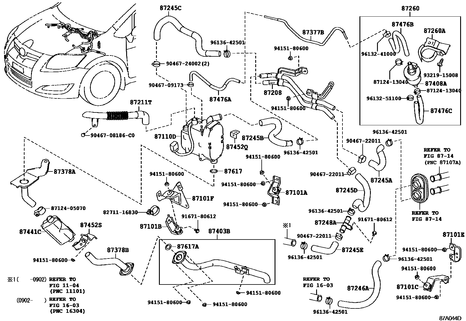 Toyota COROLLA 暖风和空调系统 - 水管 EPC diagram — 87A044D