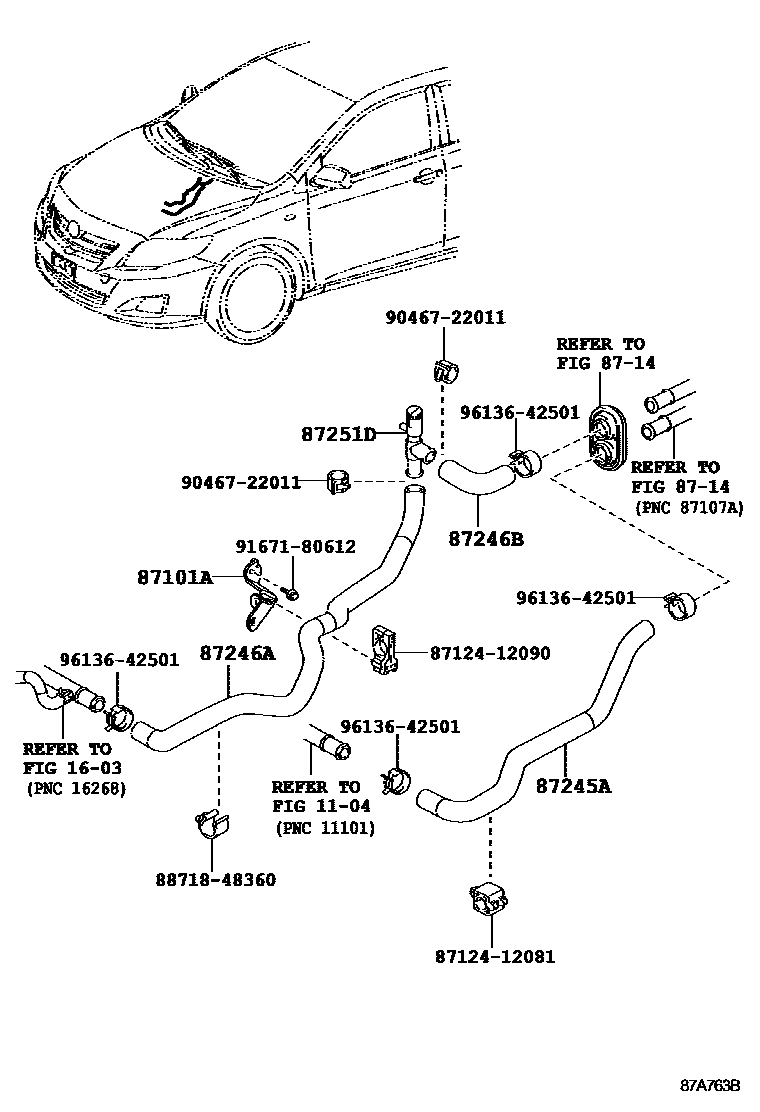 Toyota COROLLA 暖风和空调系统 - 水管 EPC diagram — 87A763B