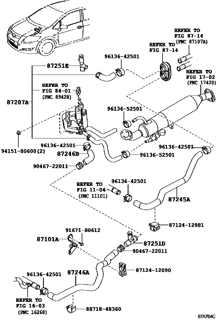 Toyota COROLLA 暖风和空调系统 - 水管 EPC diagram — 87A764C