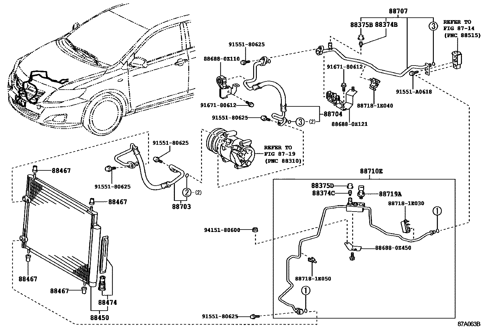 Toyota COROLLA Heating & Air Conditioning - Cooler Piping EPC diagram — 87A063B