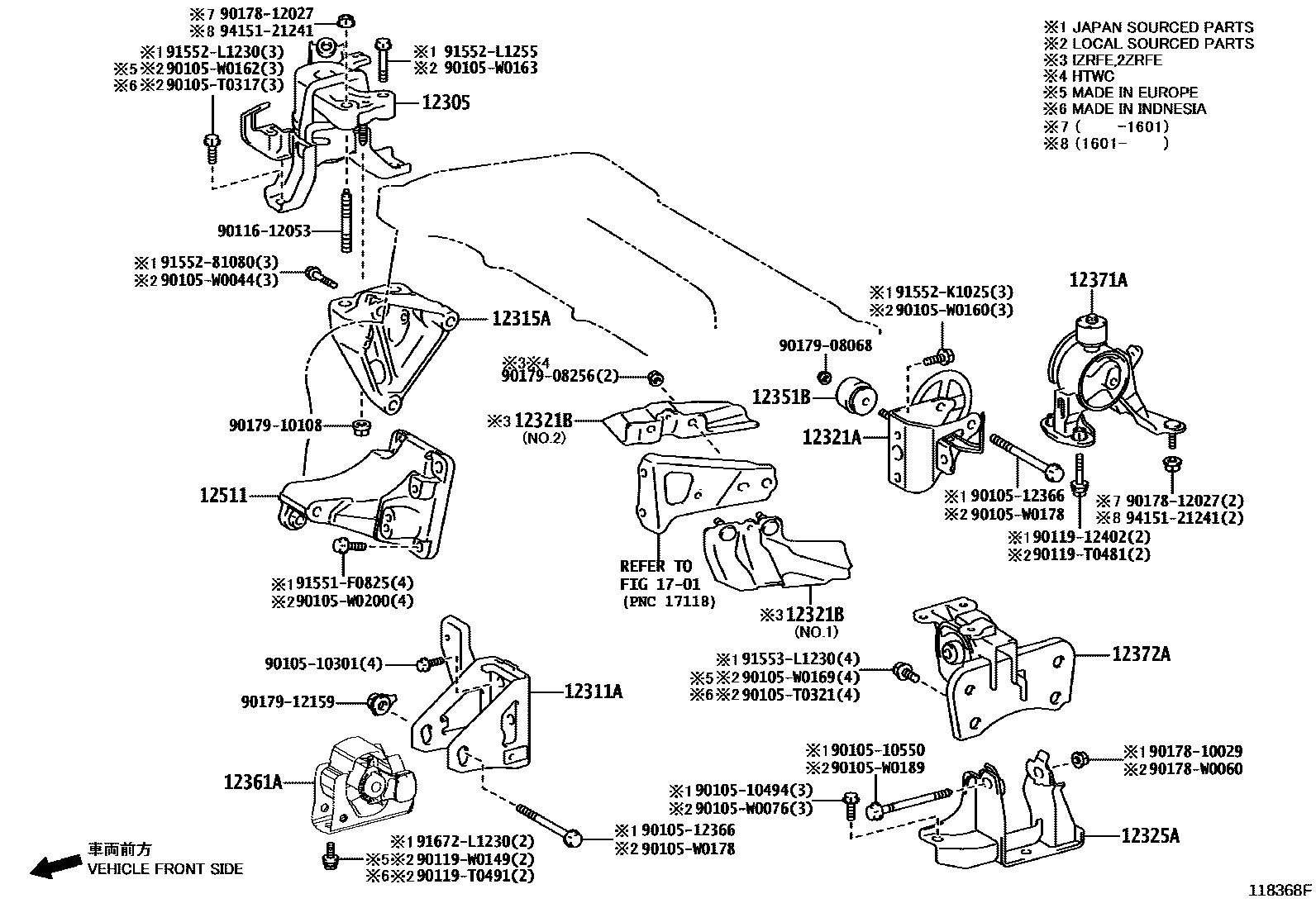 Toyota COROLLA Engine Mounting EPC diagram — 118368F