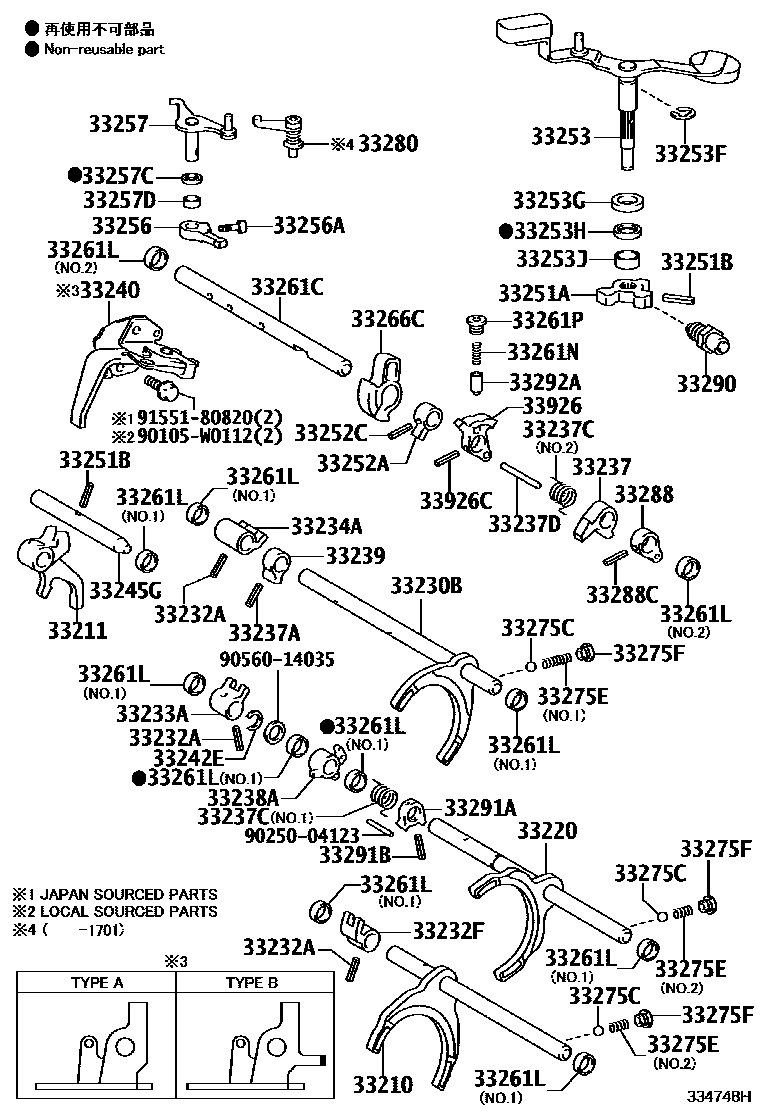 Toyota COROLLA 换档拨叉和换档杆轴(MTM) EPC diagram — 334748H