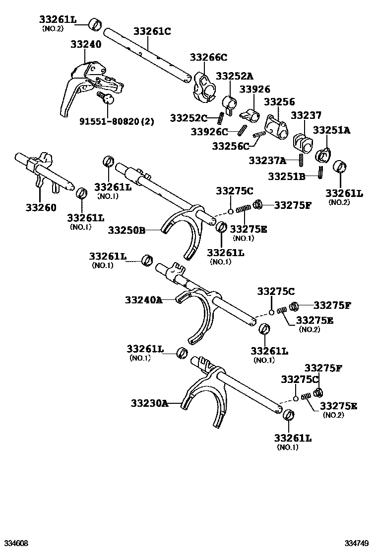 Toyota COROLLA 换档拨叉和换档杆轴(MTM) EPC diagram — 334749