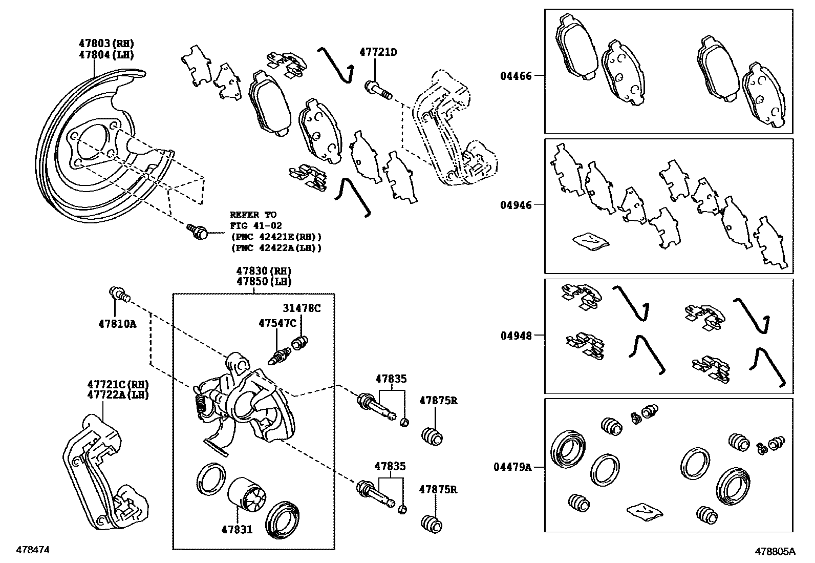 Toyota COROLLA 后盘式制动器卡钳和防尘罩 EPC diagram — 478805A