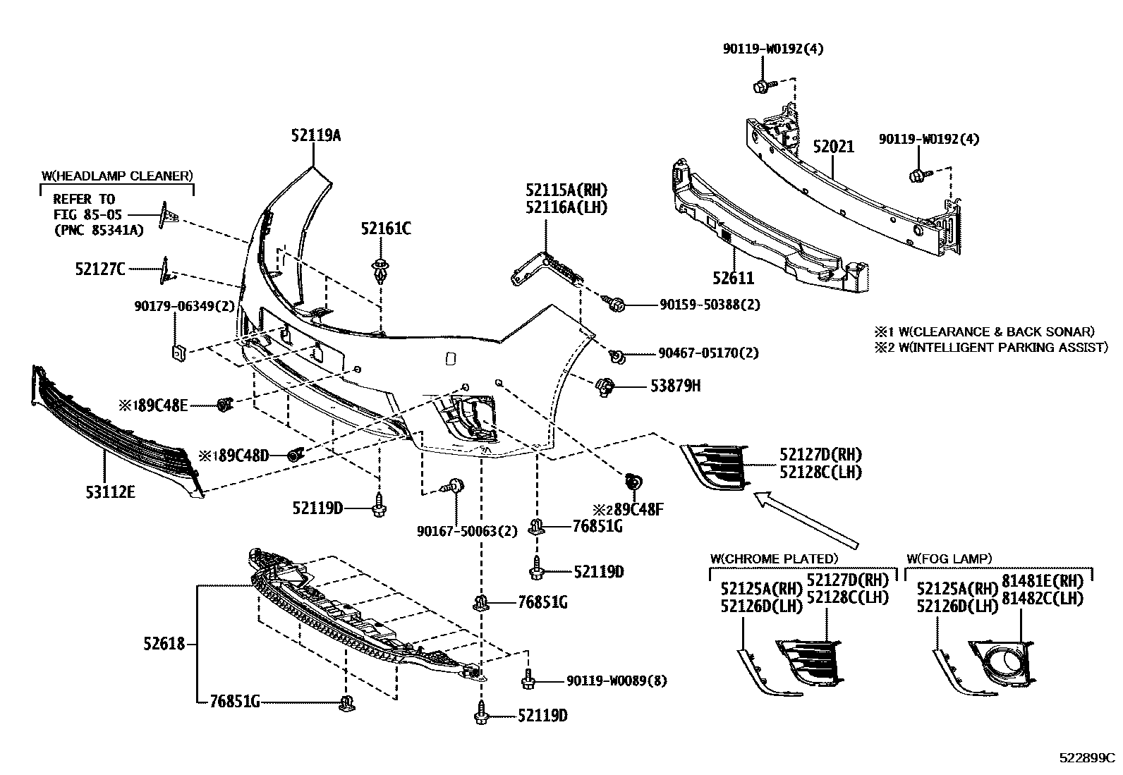 Toyota COROLLA 前保险杠及附件 EPC diagram — 522899C