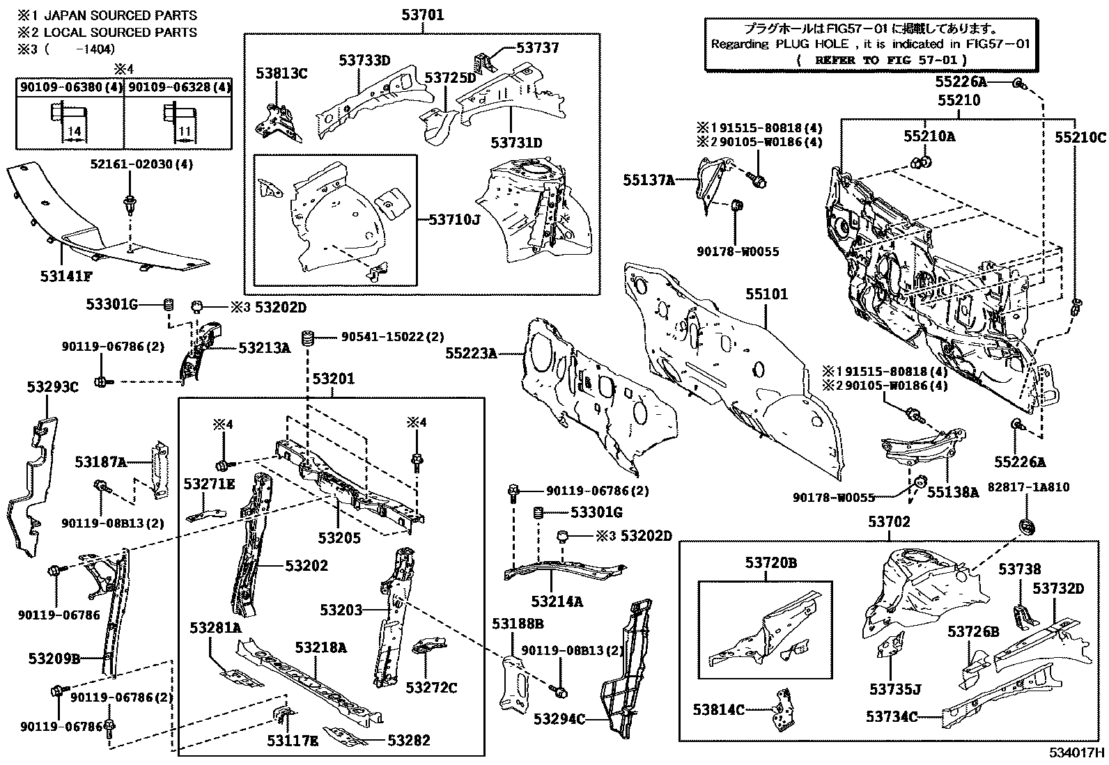 Toyota COROLLA 前翼子板挡泥板和前围板 EPC diagram — 534017H