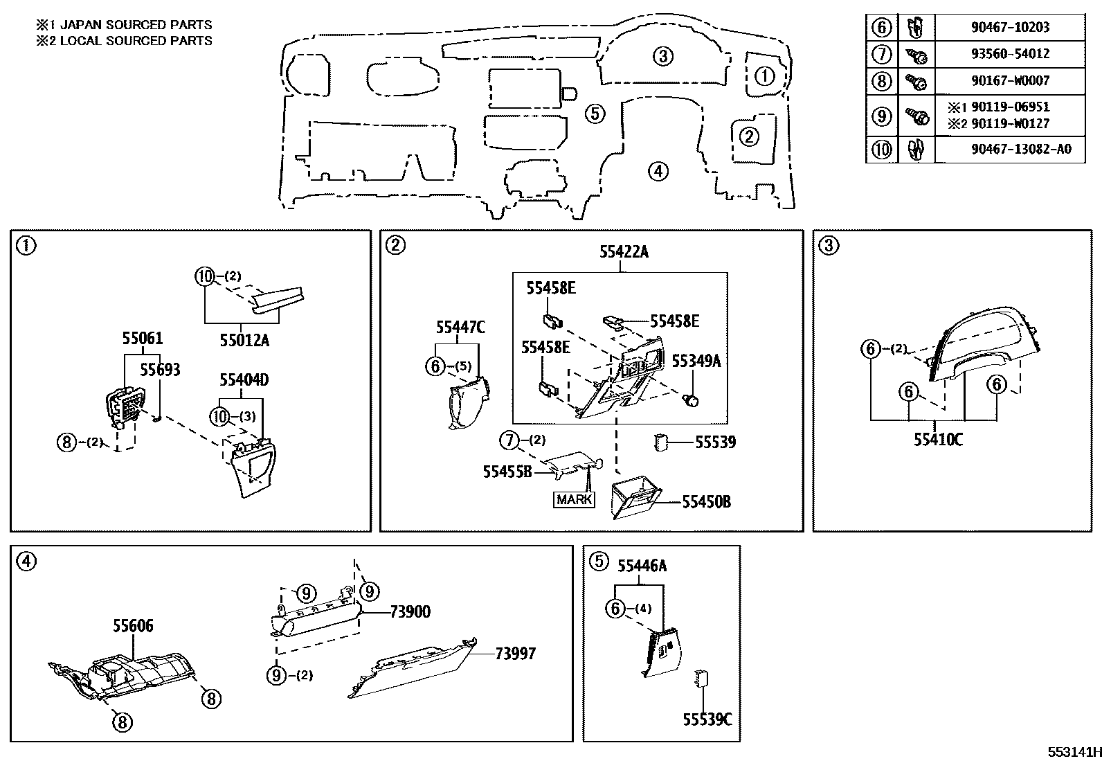 Toyota COROLLA 仪表板和手套箱 EPC diagram — 553141H