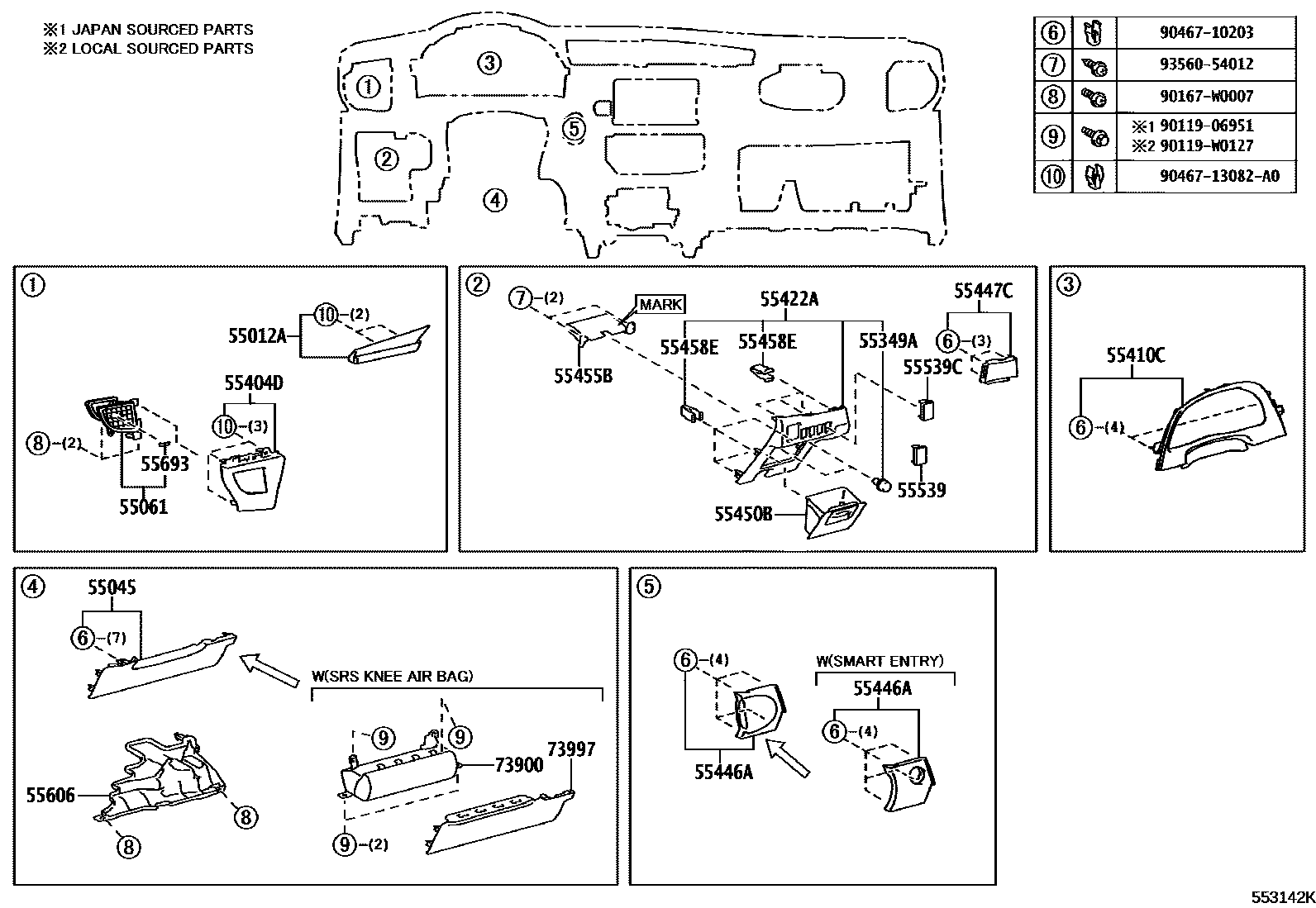 Toyota COROLLA 仪表板和手套箱 EPC diagram — 553142K